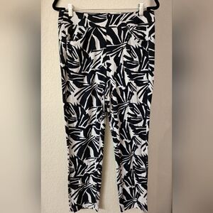 Chico's Black and White Ankle Cropped Pants with Tropical Leaf Print